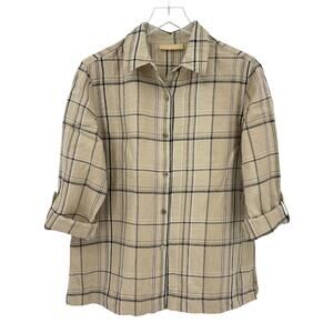 Kate Hill Size Large Plaid 100% Linen Button Front Shirt Beige Black Roll Tab